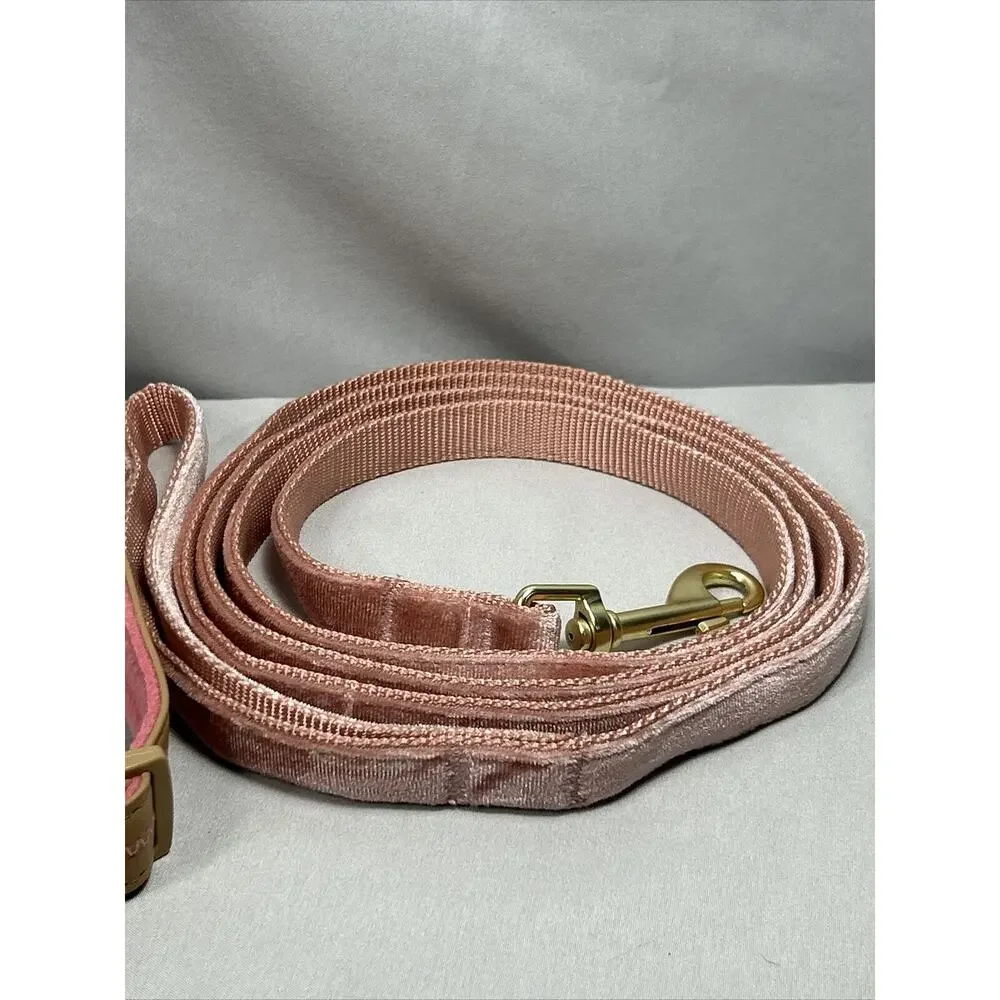 Medium 14-18” Brown/Pink Dog Collar 3/4” and 6’ Velvet Leash 1/2” Wide